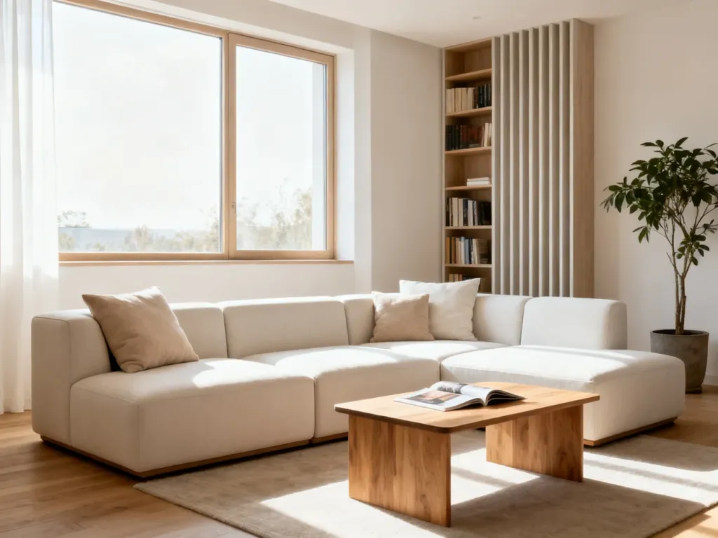 Przytulny, minimalistyczny salon w stylu skandynawskim z jasną sofą, drewnianym stolikiem i dużą ilością światła dziennego.