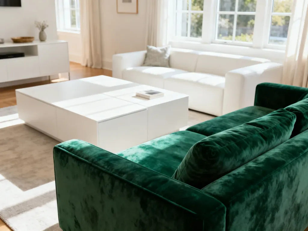 Nowoczesny salon z białymi meblami i kontrastującą, szmaragdową sofą z weluru, tworzącą elegancką i przytulną aranżację.