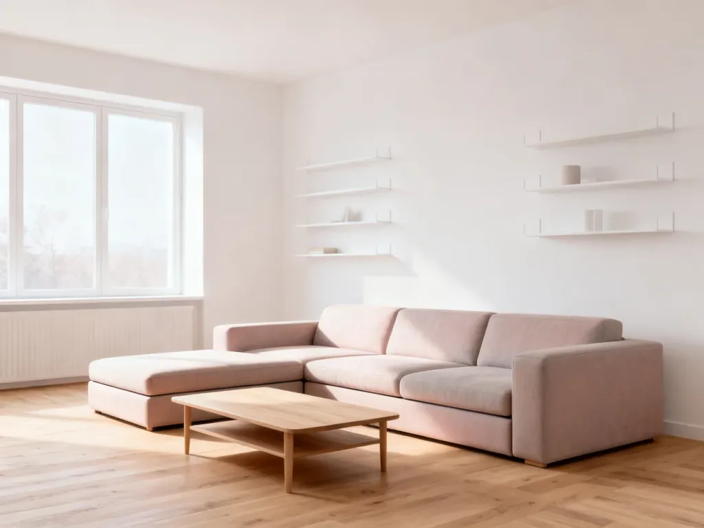 Przytulny, minimalistyczny salon z wielofunkcyjną sofą i wiszącymi półkami, które optymalnie wykorzystują małą przestrzeń.