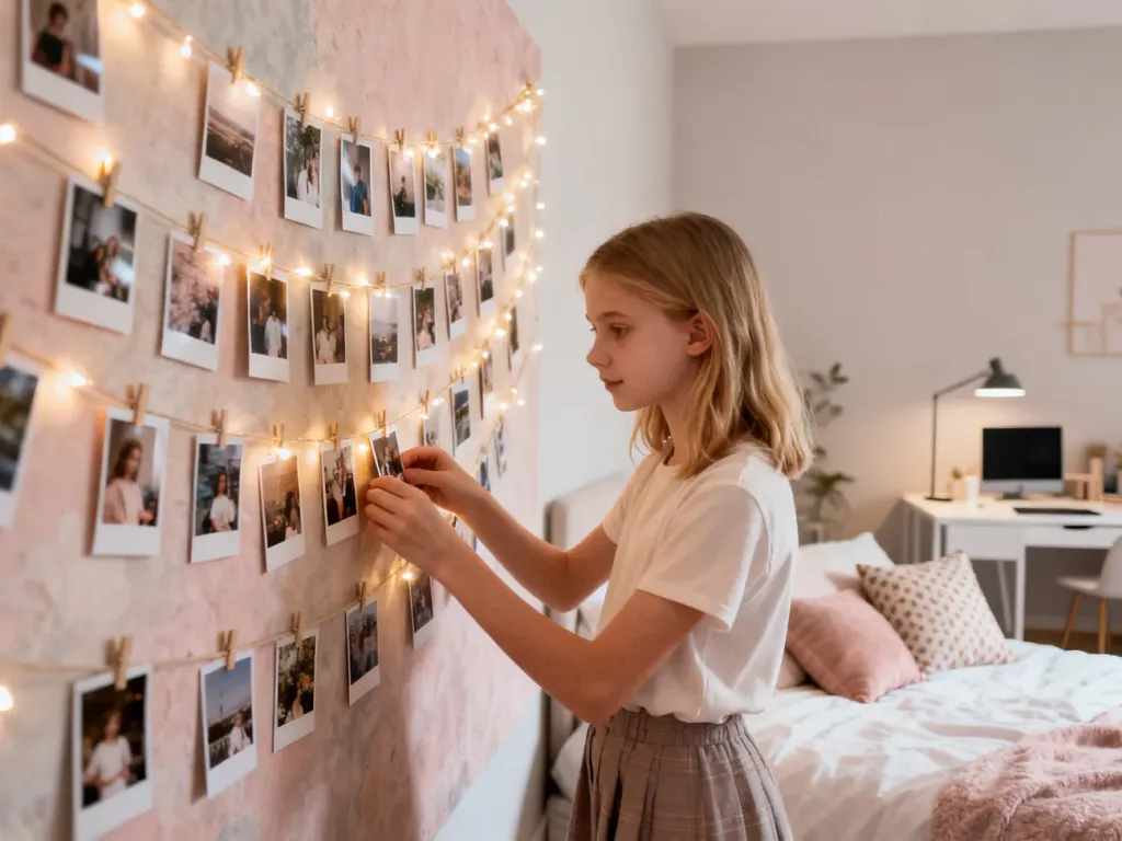 Nastolatka dekoruje ścianę w swoim pokoju przy użyciu zdjęć typu polaroid i lampek typu fairy lights.
