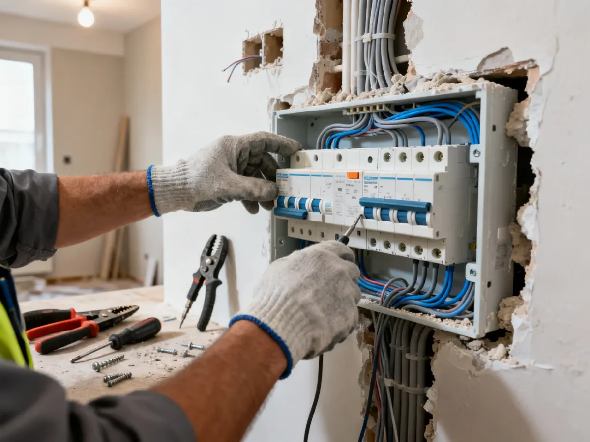 Elektryk montujący rozdzielnicę elektryczną podczas remontu mieszkania