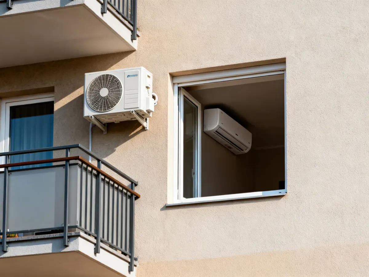 Klimatyzator split zamontowany na elewacji bloku mieszkalnego