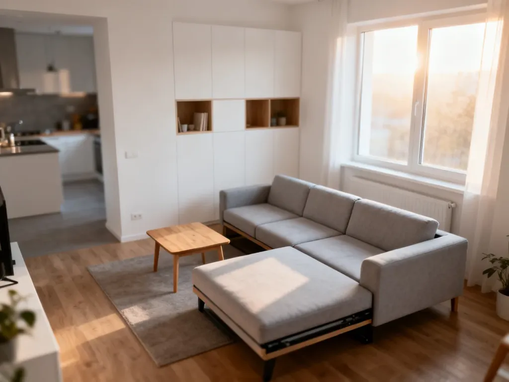 Jasny salon w małym mieszkaniu z wielofunkcyjną sofą, minimalistycznymi meblami i dużą ilością naturalnego światła.