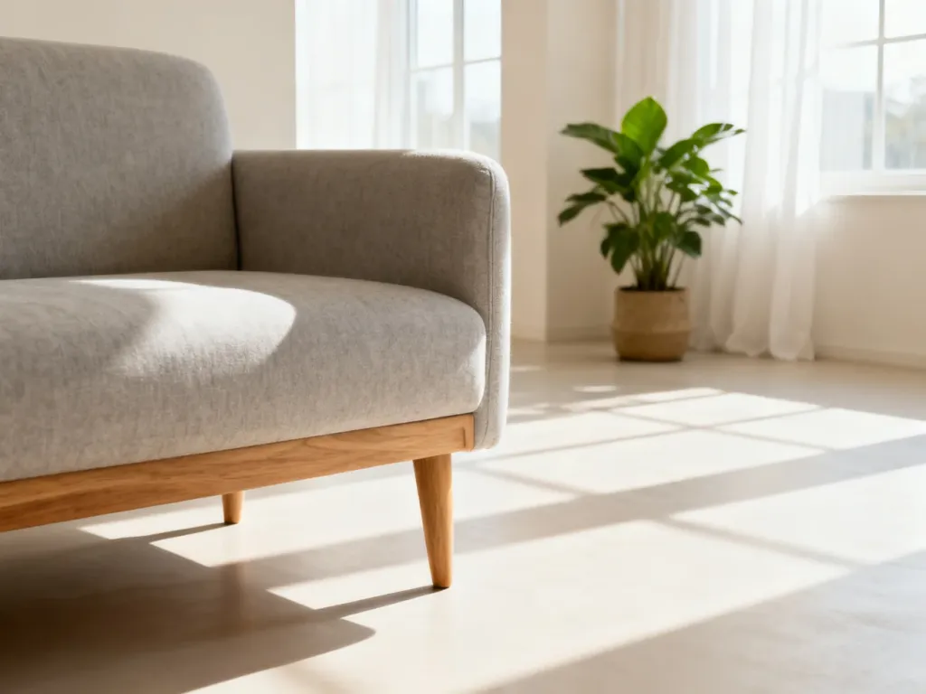 Jasnoszara sofa na drewnianych nóżkach w minimalistycznym salonie w stylu skandynawskim, wypełnionym naturalnym światłem.