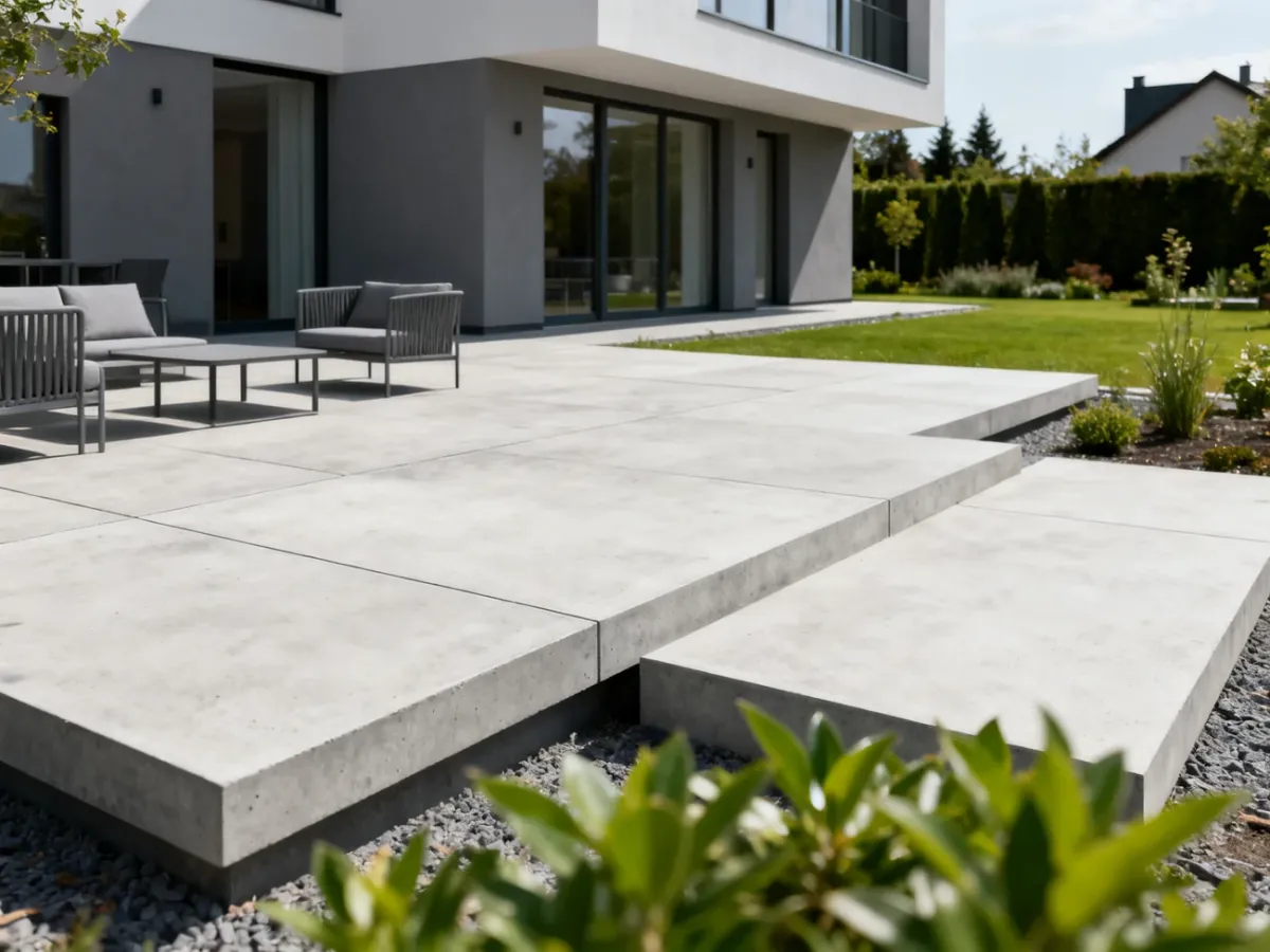Nowoczesny taras z dużych betonowych płyt przy domu