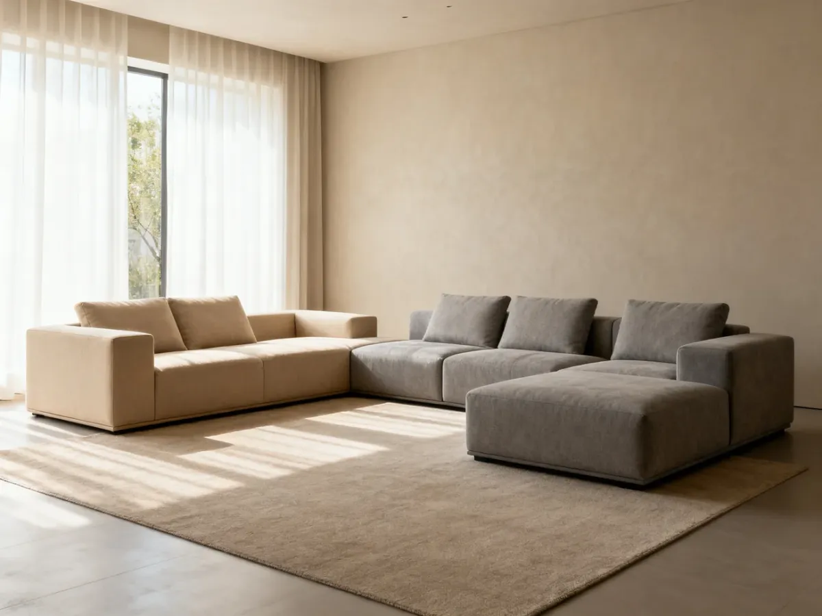 Stały narożnik i sofa modułowa zestawione w nowoczesnym salonie