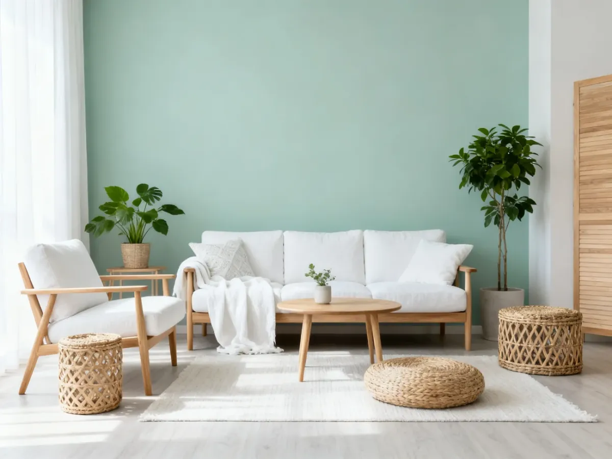 Jasny salon z seledynową ścianą i drewnianymi dodatkami