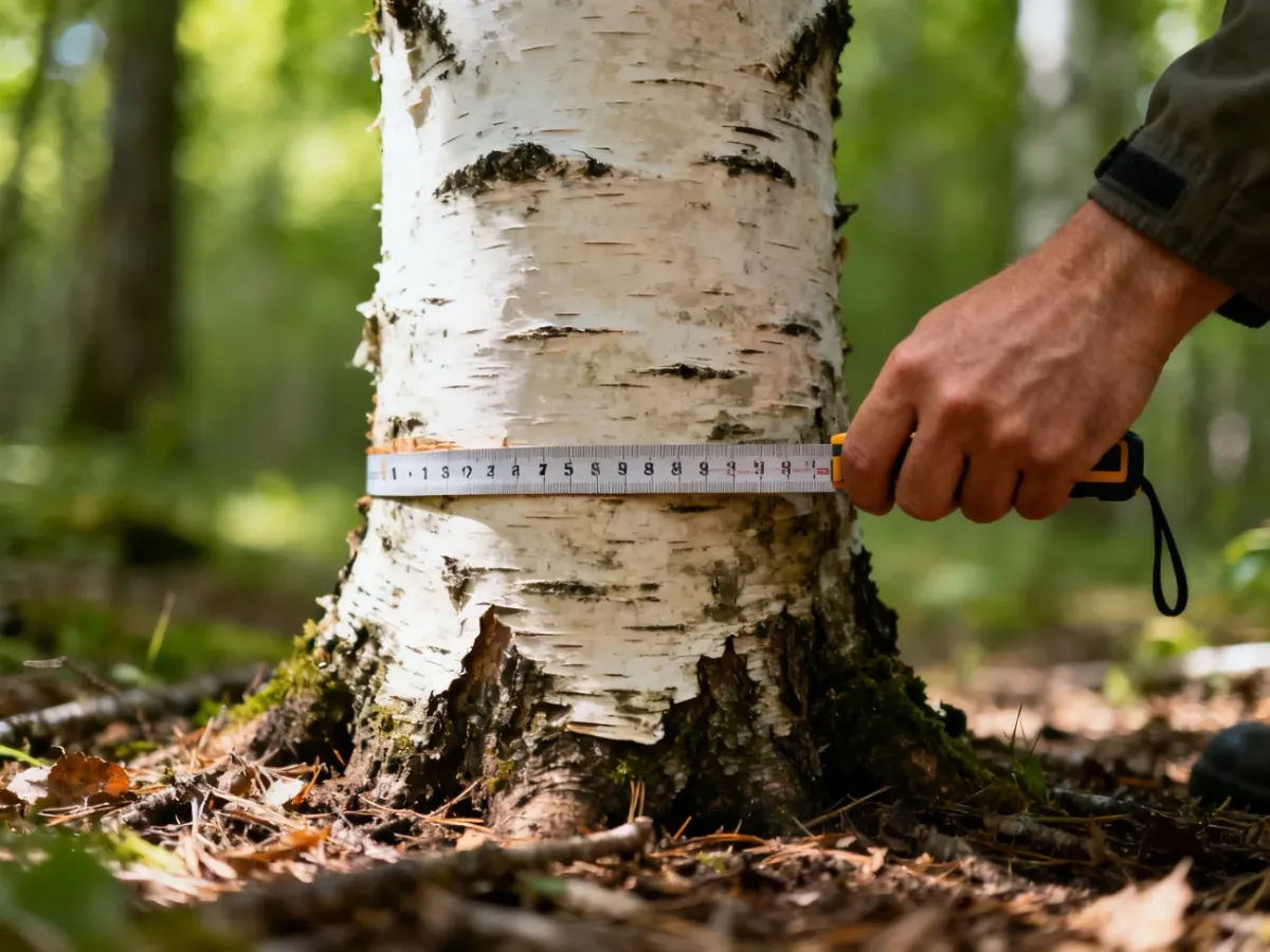 Pomiar obwodu pnia brzozy miarką 5 cm nad ziemią