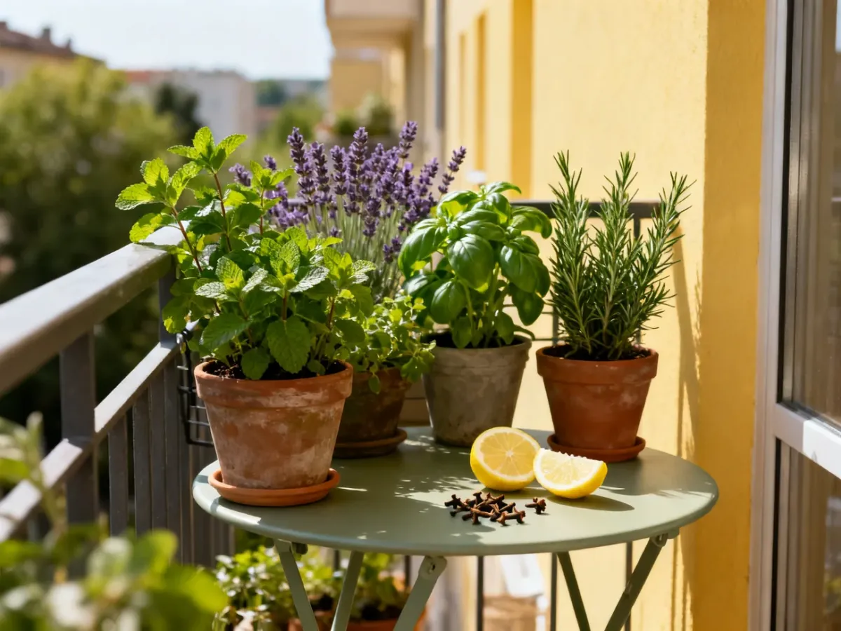 Balkon z aromatycznymi ziołami oraz cytryną z goździkami odstraszającymi osy