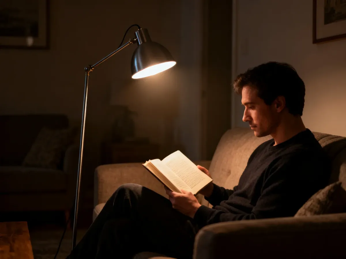 Adjustable lamp lighting an open book from the side