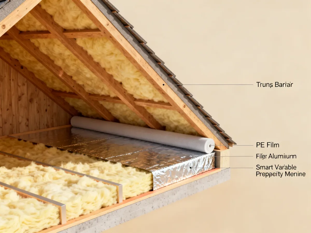 Porównanie folii PE, aluminiowej i aktywnej w przekroju poddasza