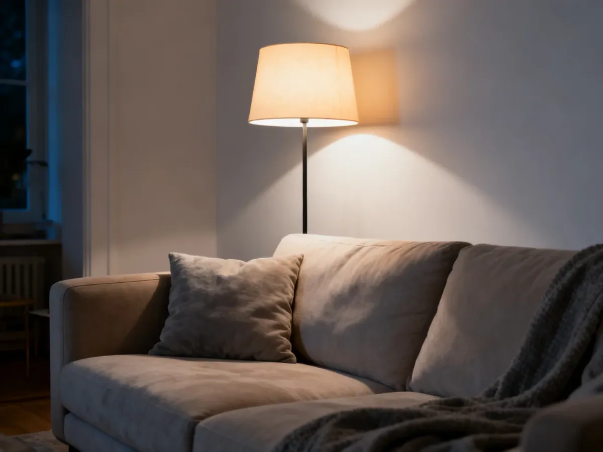 Sofa with a warm floor lamp arranged for comfortable evening reading