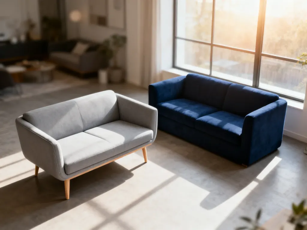 Porównanie dwóch stylów kanap w salonie: jasnoszary model na nóżkach oraz granatowa sofa zabudowana do samej podłogi.
