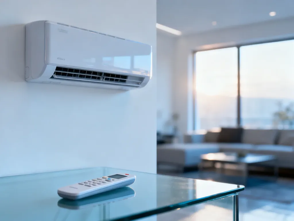 Nowoczesny klimatyzator typu split zamontowany na ścianie w jasnym salonie, obok widoczny pilot do sterowania urządzeniem.