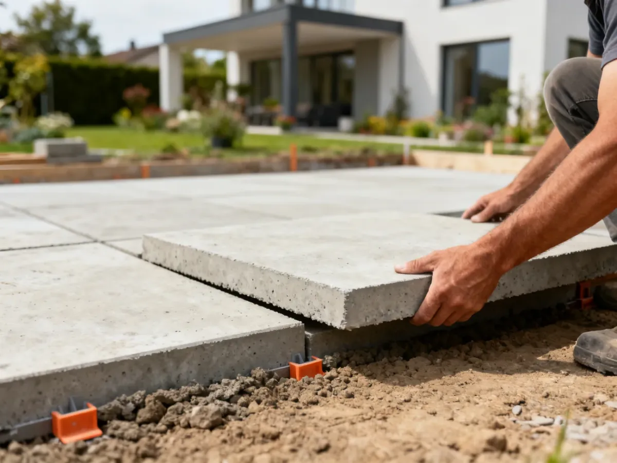 Montaż betonowych płyt tarasowych na przygotowanym podłożu