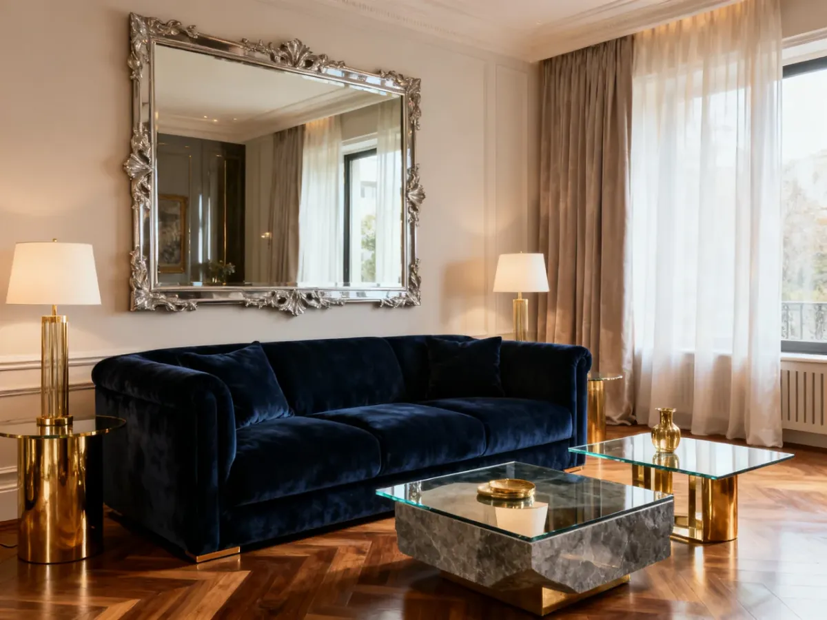 Salon glamour z granatową welurową sofą i dużym ozdobnym lustrem