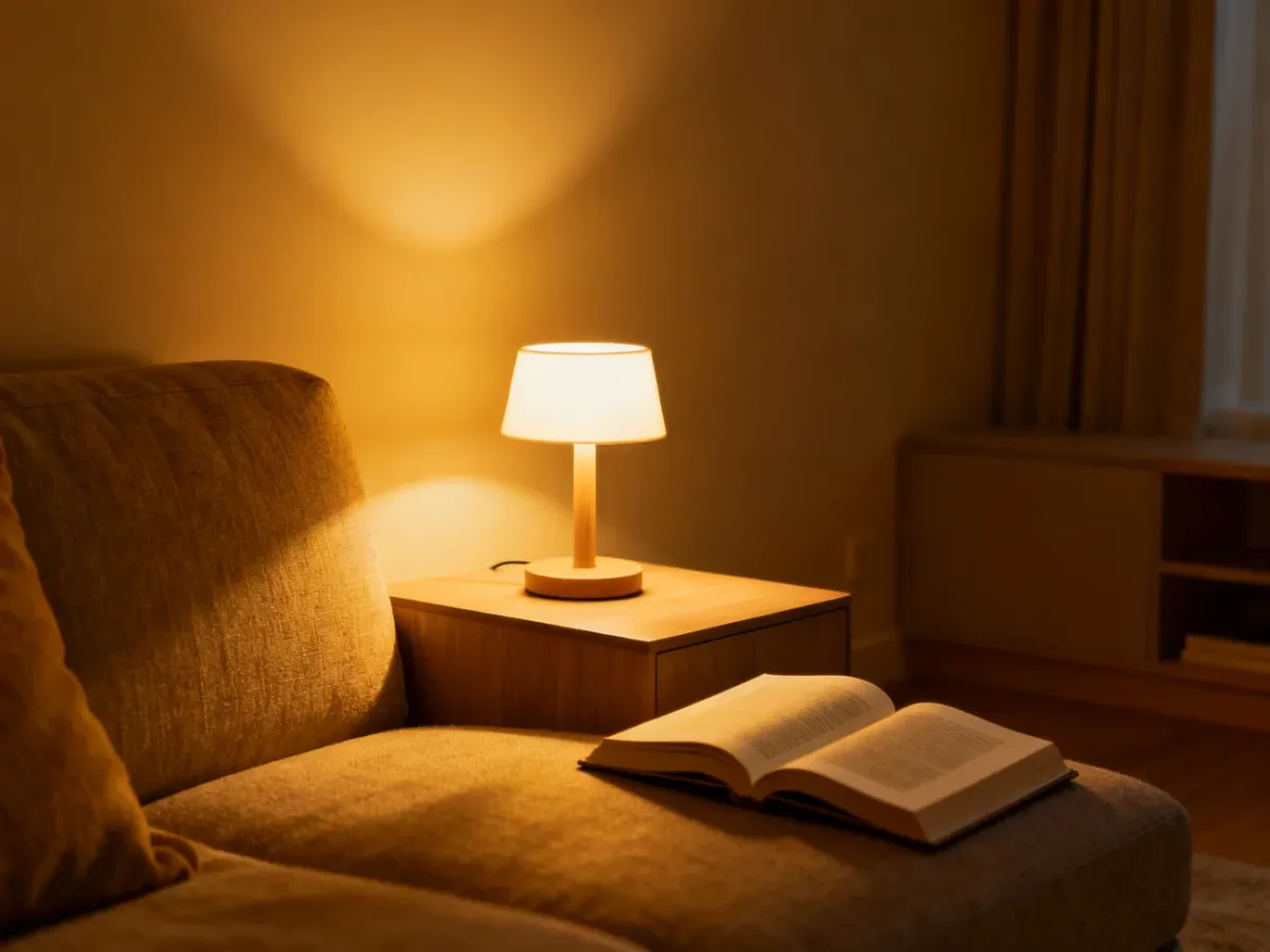 Small table lamp creating a soft relaxing glow beside a sofa