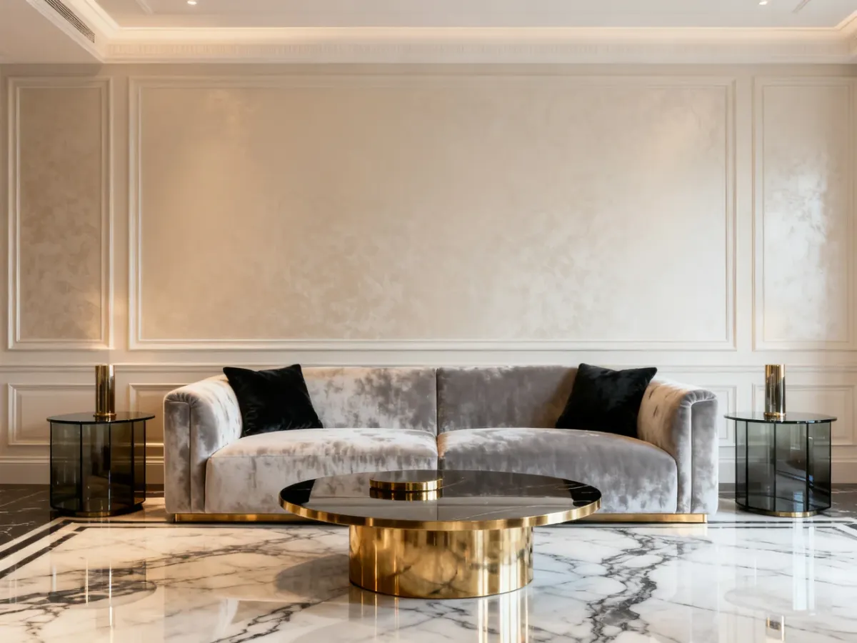 Eleganckie wnętrze glamour z marmurem, welurem, mosiądzem i dekoracyjną sztukaterią
