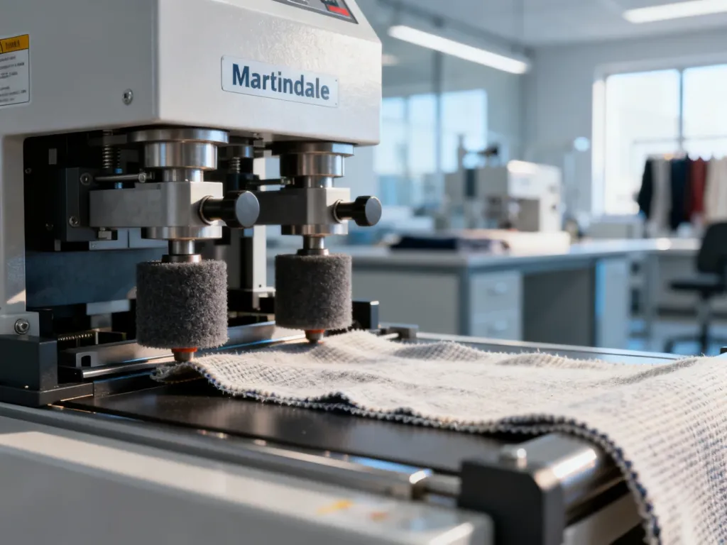 Urządzenie Martindale'a testujące ścieralność tkaniny w profesjonalnym laboratorium tekstylnym.