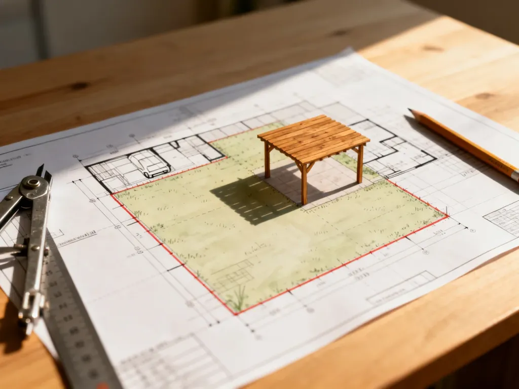 Projekt architektoniczny przedstawiający plan zagospodarowania działki z zaznaczoną wiatą przy granicy posesji.