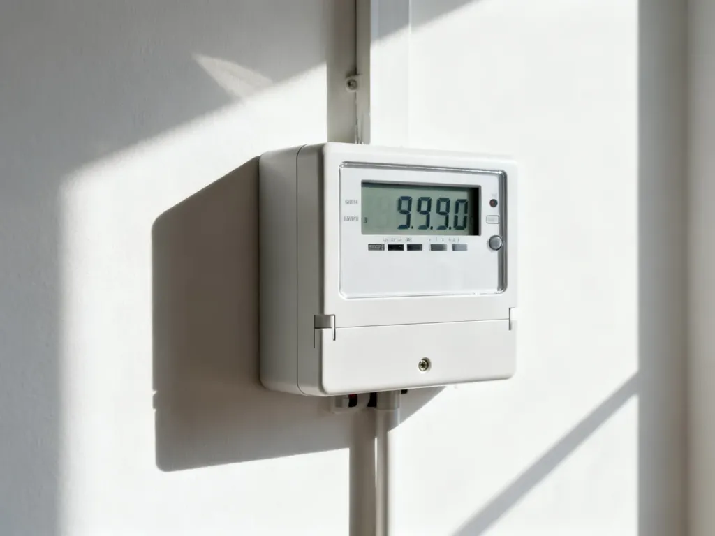 Nowoczesny licznik energii elektrycznej z cyfrowym wyświetlaczem zamontowany na białej ścianie.