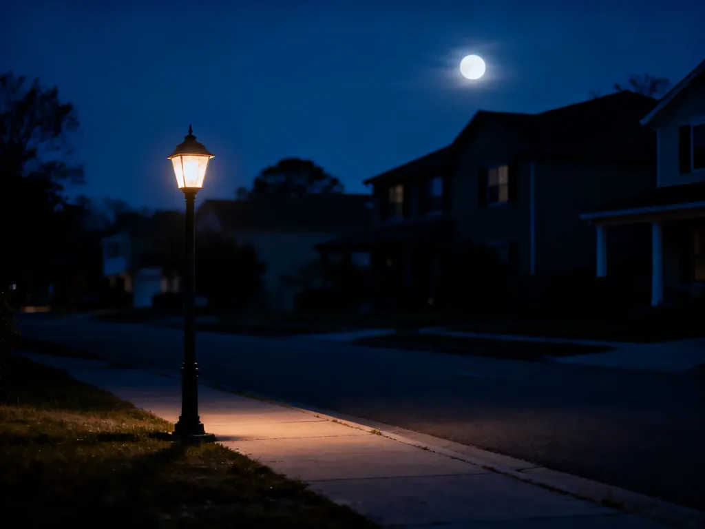 Ciemna, spokojna ulica w dzielnicy domów jednorodzinnych nocą, podkreślająca atmosferę ciszy i wypoczynku.