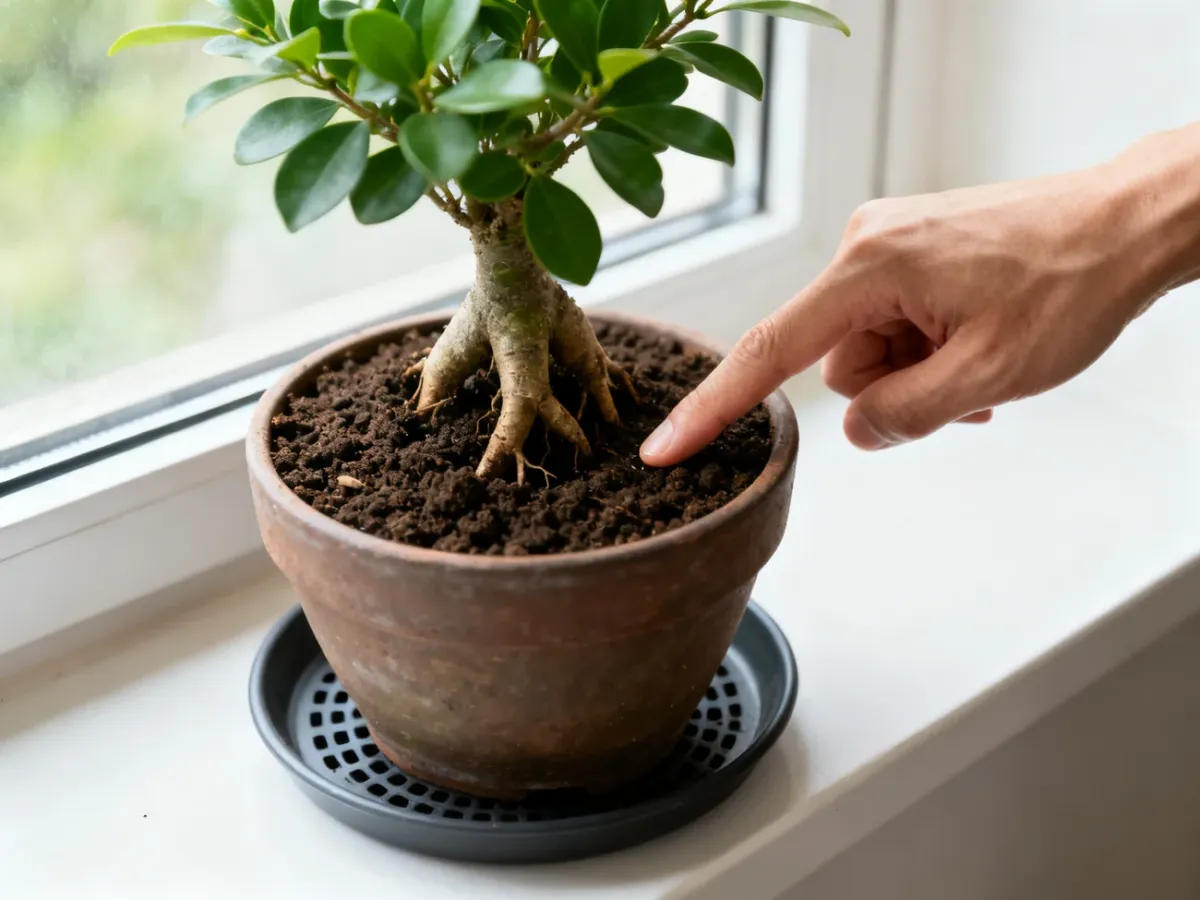 Checking the moisture of Ficus Ginseng soil with a finger