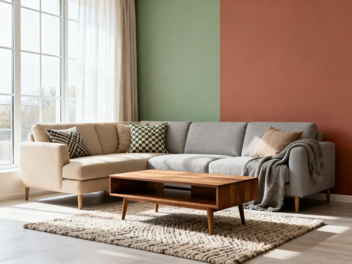 Gotowy salon z jasną bazą i wyraźną ścianą akcentową