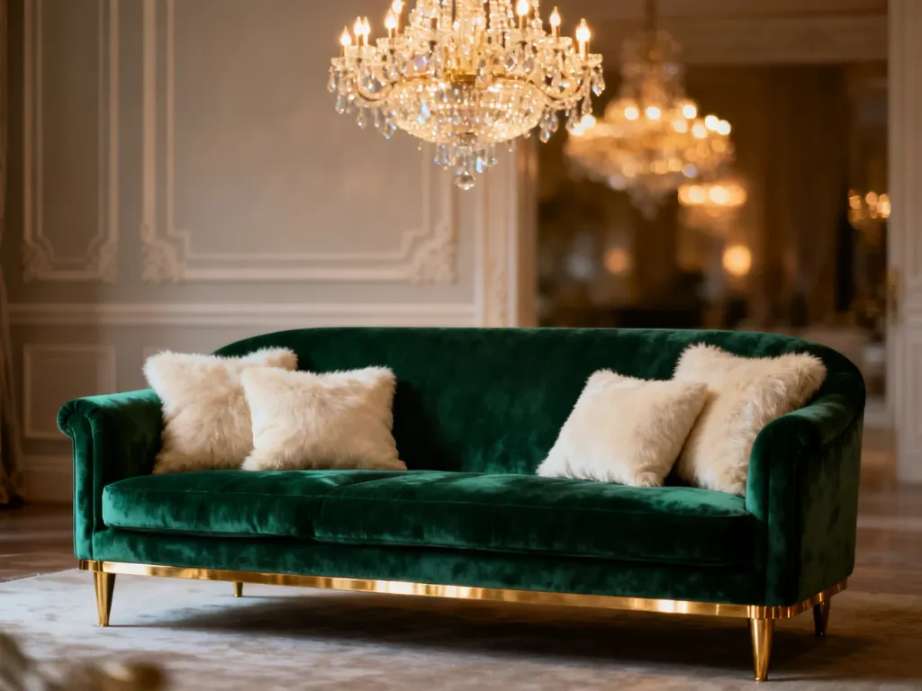 Elegancki salon w stylu glamour ze szmaragdową sofą, złotymi akcentami i kryształowym żyrandolem.