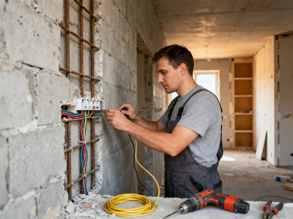Elektryk przygotowujący trasę instalacji w betonowej ścianie mieszkania z wielkiej płyty