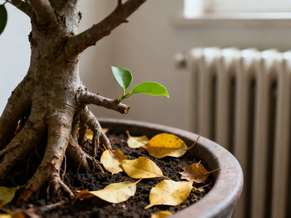 Ficus Ginseng recovering after leaf drop with a new green shoot