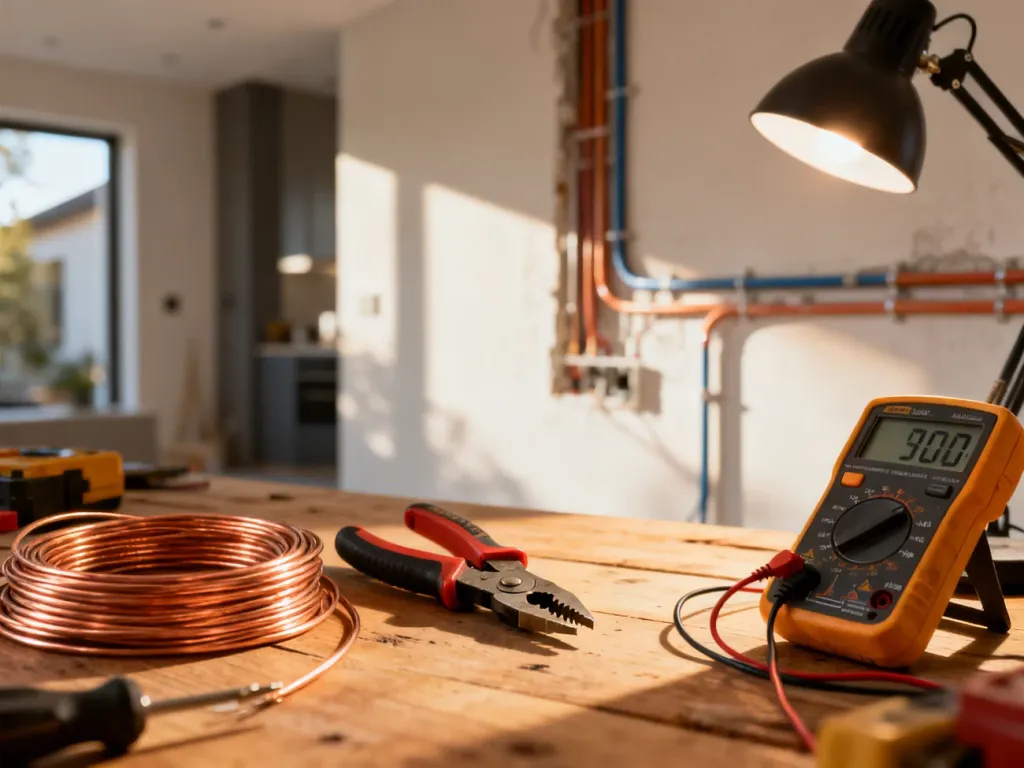 Profesjonalne narzędzia elektryczne i przewody miedziane na warsztacie, przygotowane do prac przy instalacji elektrycznej.