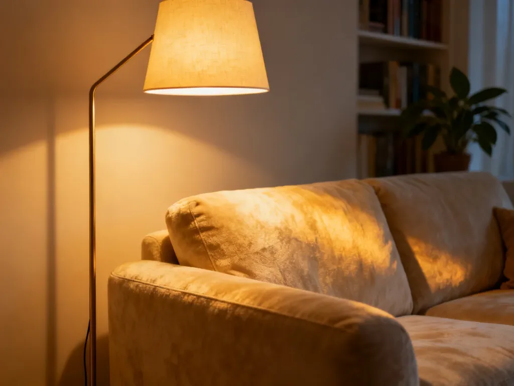 Nowoczesna lampa podłogowa stojąca obok wygodnej sofy, tworząca przytulne i ciepłe oświetlenie w salonie.