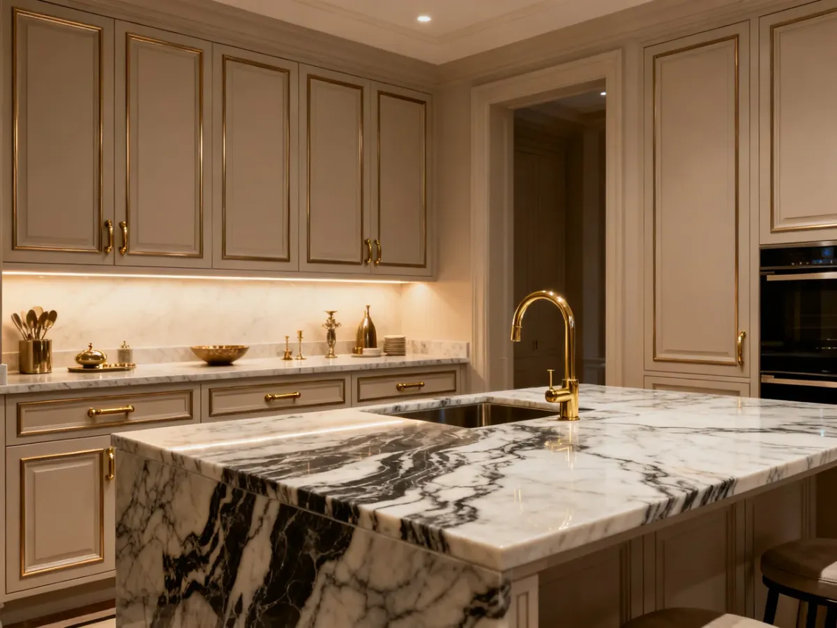 Kuchnia glamour z kamienną wyspą i mosiężnymi detalami