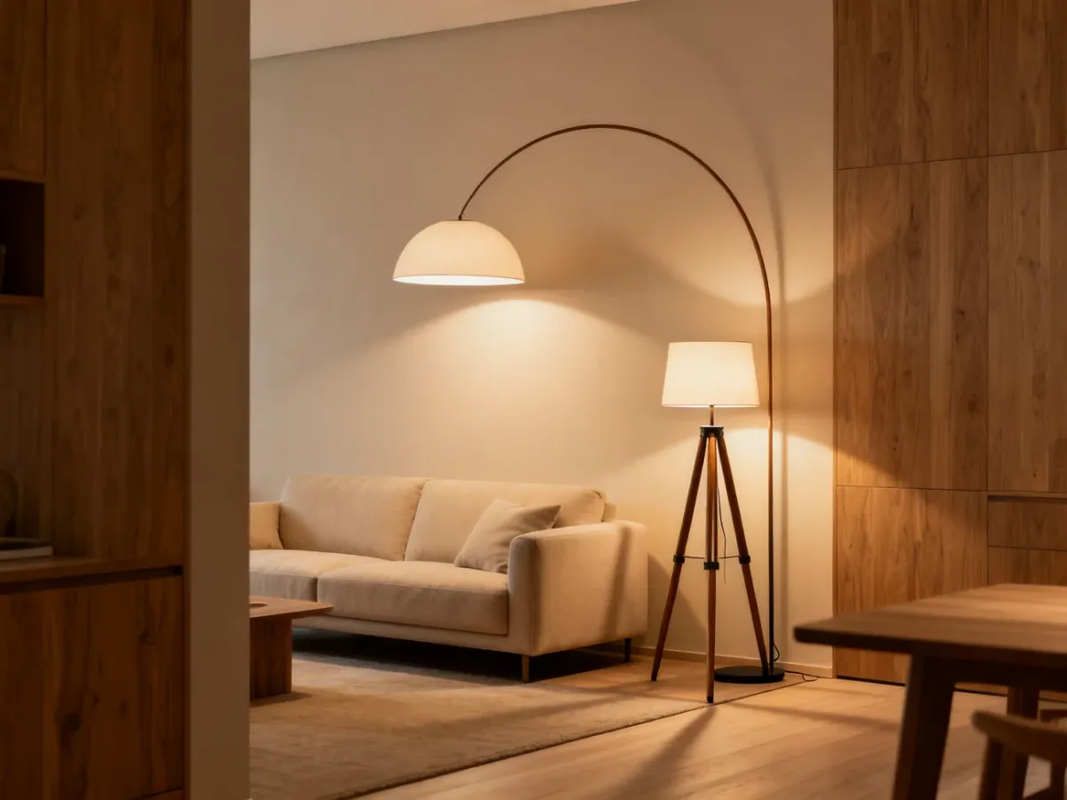 Arched and tripod floor lamps positioned beside a sofa