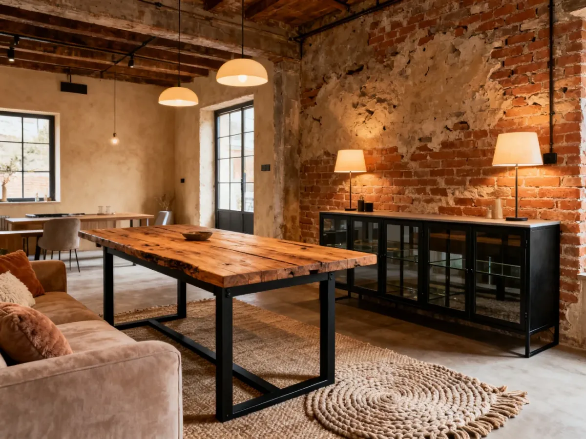 Rustykalny salon z aneksem w stylu loftowym