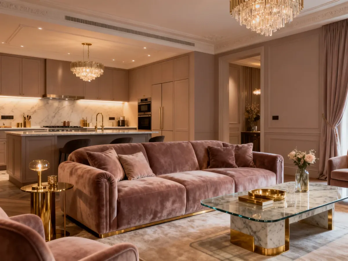 Elegancki salon z aneksem w stylu glamour