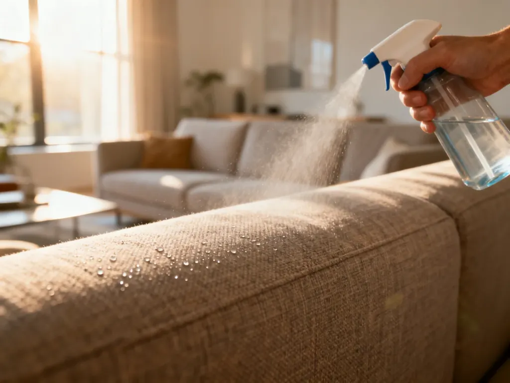 Profesjonalny preparat w sprayu nakładany na tkaninę kanapy w słonecznym salonie podczas procesu impregnacji.
