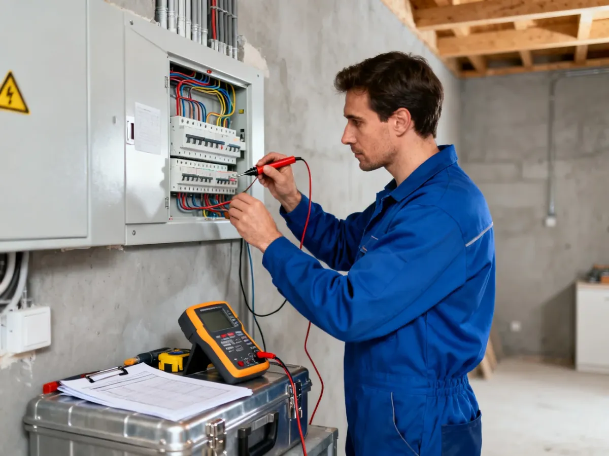 Elektryk sprawdzający rozdzielnicę i wykonujący pomiary instalacji