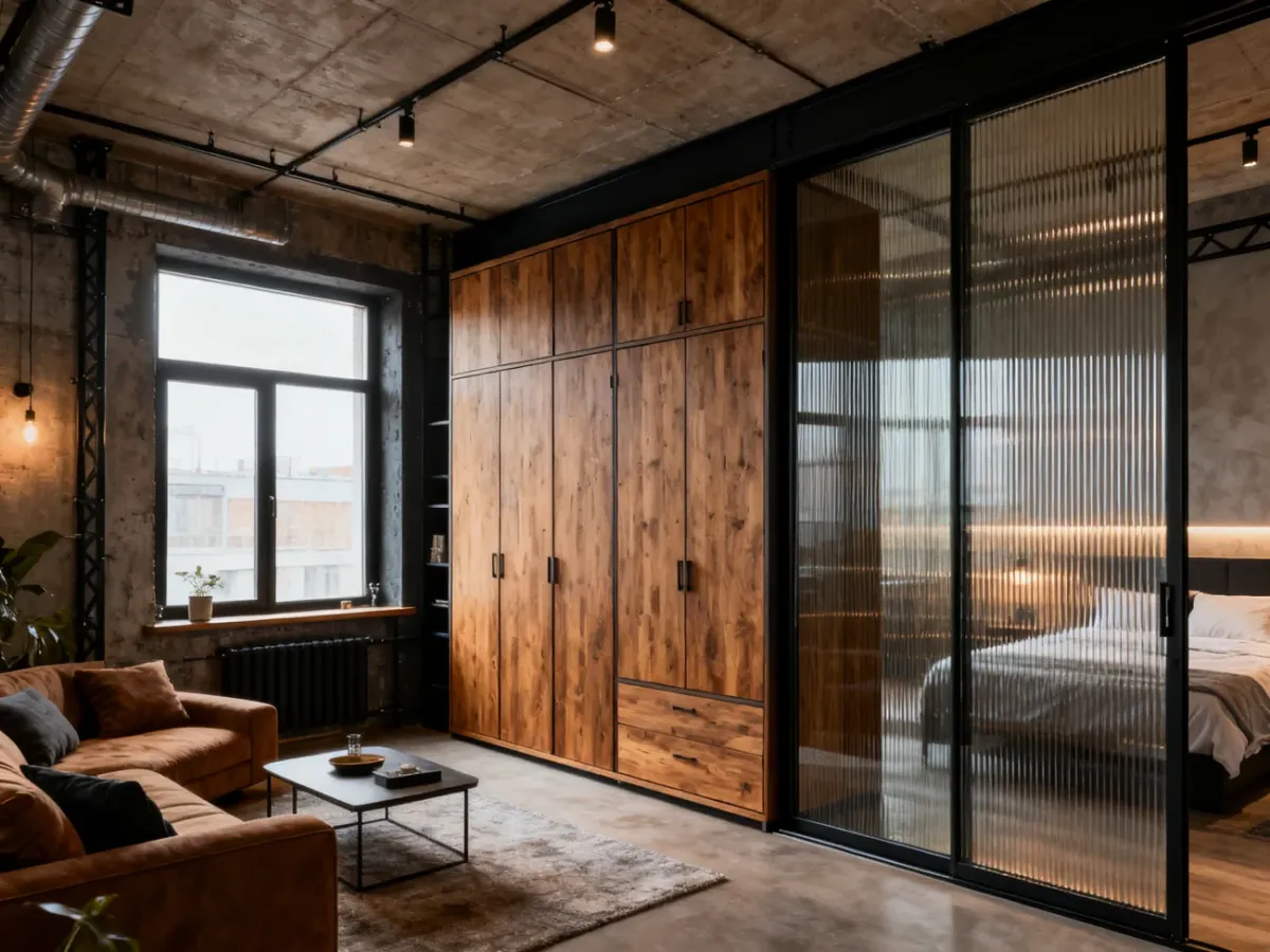 Szafa i ryflowane szkło oddzielające sypialnię w aranżacji soft loft