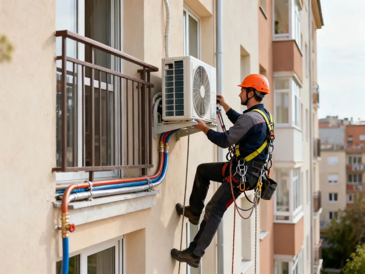 Montaż jednostki zewnętrznej klimatyzatora na elewacji bloku