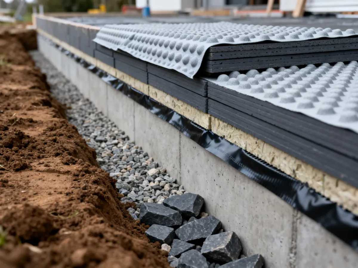 Prawidłowo zabezpieczone ocieplenie fundamentu z hydroizolacją i warstwą ochronną