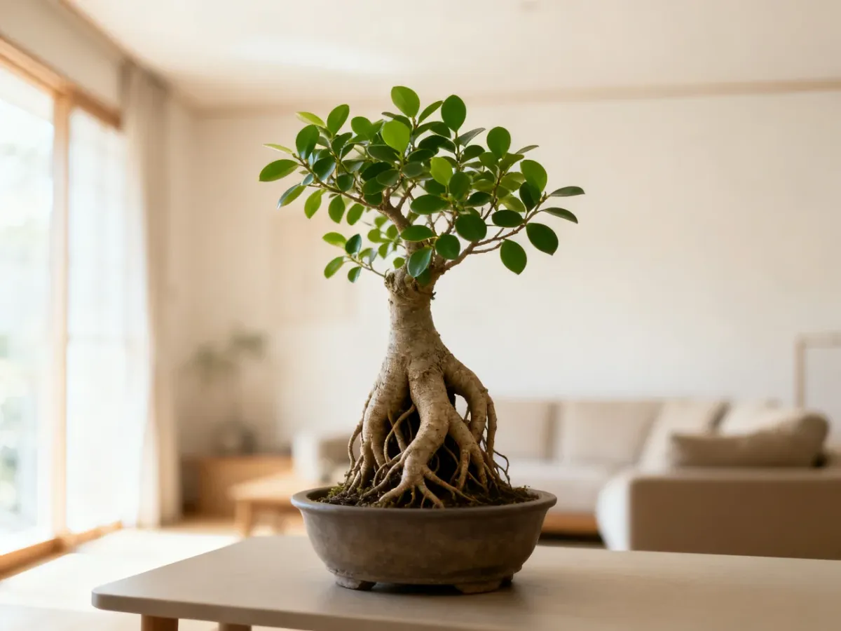 Ficus Ginseng with a thick trunk and exposed roots in a bright minimalist interior
