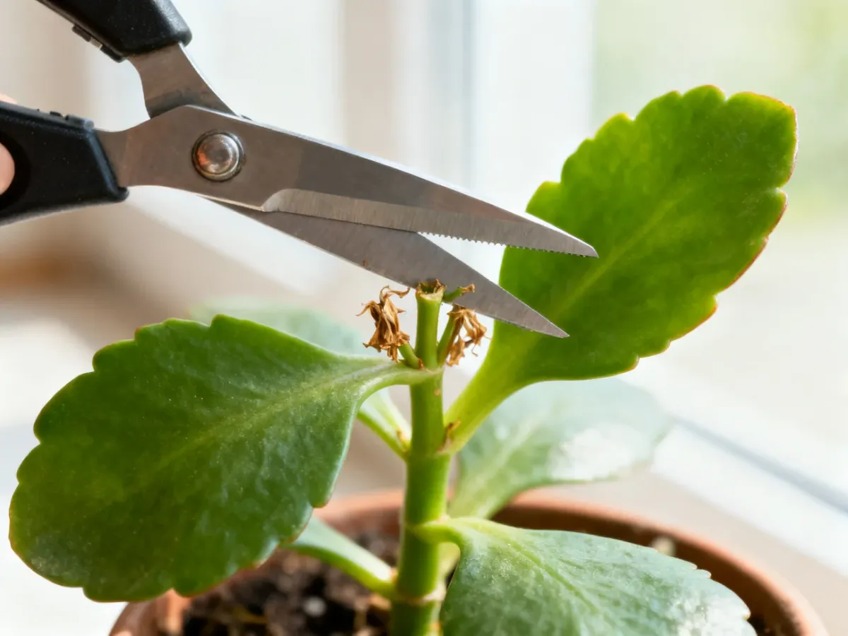 Przycinanie przekwitłego kalanchoe nad zdrowymi liśćmi