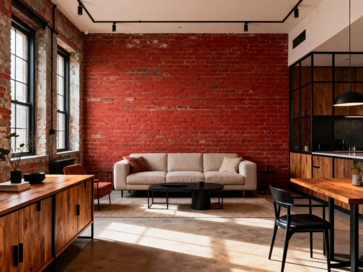 Salon z ceglastą ścianą akcentową, drewnem i czarnymi detalami