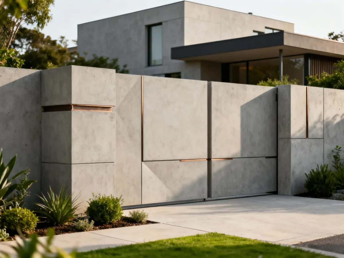 Nowoczesne ogrodzenie z betonu architektonicznego przed minimalistycznym domem