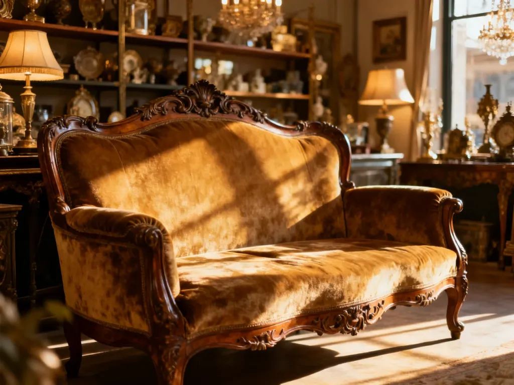 Luksusowa antyczna kanapa z aksamitną tapicerką i rzeźbionym drewnem, wyeksponowana w eleganckim sklepie z antykami.