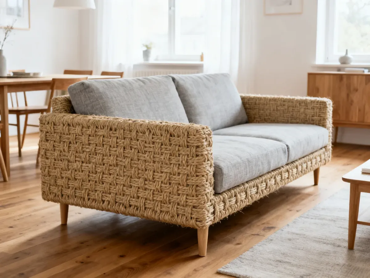 Sofa obita naturalną plecionką w jasnym skandynawskim salonie