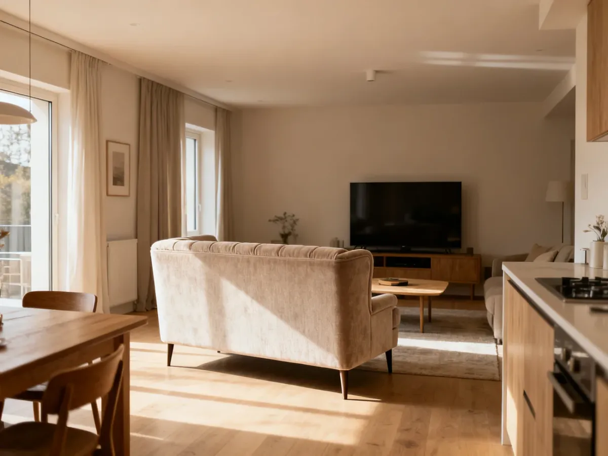 Wolnostojąca sofa na środku otwartego salonu oddzielająca strefę wypoczynku od jadalni i kuchni