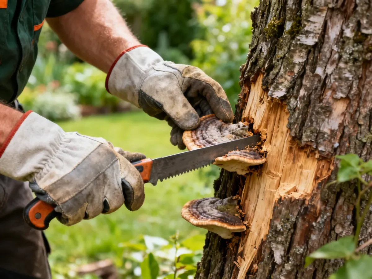 Arborysta usuwa hubę z pnia drzewa